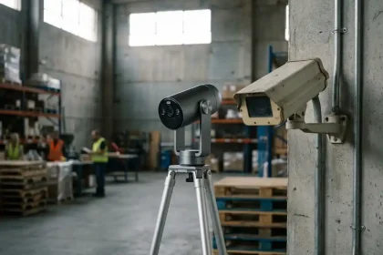 Moderne beveiligingscamera op draagbare standaard naast traditionele vaste camera-installatie in industriële magazijnomgeving