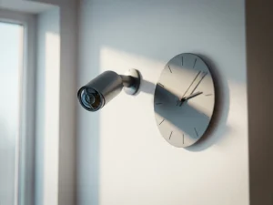 Moderne beveiligingscamera gemonteerd op witte muur naast minimalistische wandklok, warme reflecties op lens