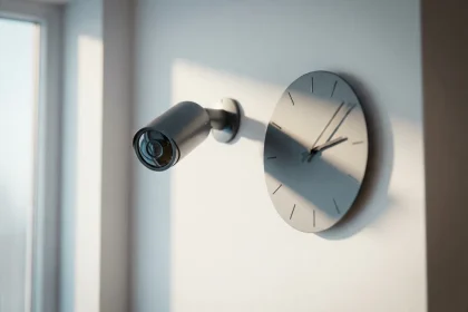 Moderne beveiligingscamera gemonteerd op witte muur naast minimalistische wandklok, warme reflecties op lens