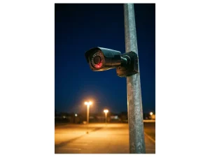Zwarte beveiligingscamera op metalen paal met rode infraroodsensoren, verlicht parkeerterrein in duisternis