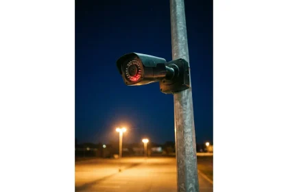 Zwarte beveiligingscamera op metalen paal met rode infraroodsensoren, verlicht parkeerterrein in duisternis