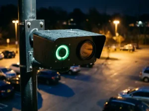 Professionele beveiligingscamera met dubbele lens op zwarte paal, groene infraroodverlichting, nachtelijke parkeerplaats met gouden straatverlichting
