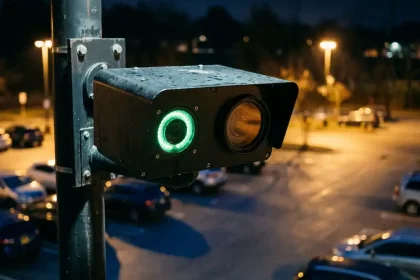 Professionele beveiligingscamera met dubbele lens op zwarte paal, groene infraroodverlichting, nachtelijke parkeerplaats met gouden straatverlichting