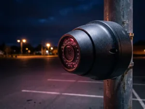 Zwarte beveiligingscamera met infrarood LED's bewaakt nachtelijk parkeerterrein met witte lijnen onder straatlantaarn