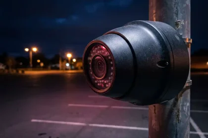 Zwarte beveiligingscamera met infrarood LED's bewaakt nachtelijk parkeerterrein met witte lijnen onder straatlantaarn