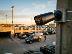 Zwarte beveiligingscamera op paal overloopt drukke parkeerplaats met voertuigen tijdens gouden uur verlichting