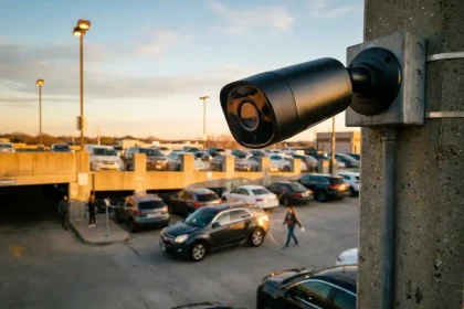 Zwarte beveiligingscamera op paal overloopt drukke parkeerplaats met voertuigen tijdens gouden uur verlichting