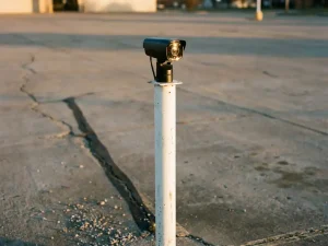 Zwarte beveiligingscamera op witte paal in lege betonnen parkeerplaats tijdens gouden uur