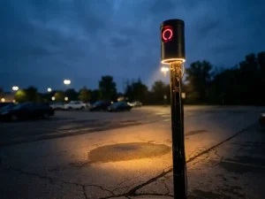 Mobiele beveiligingscamera op zwarte paal in schemering parkeergarageterrein met rode LED-indicator en warme lichtcirkel