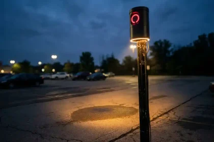 Mobiele beveiligingscamera op zwarte paal in schemering parkeergarageterrein met rode LED-indicator en warme lichtcirkel