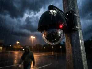 Zwarte beveiligingscamera op metalen paal in zware regen, rode opnamelamp zichtbaar, persoon loopt door donkere parkeerplaats