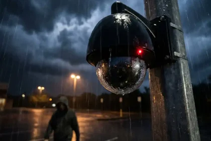 Zwarte beveiligingscamera op metalen paal in zware regen, rode opnamelamp zichtbaar, persoon loopt door donkere parkeerplaats