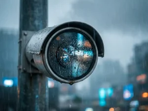 Beveiligingscamera met regendruppels op de lens, gemonteerd op metalen paal met wazige stadsverlichting op achtergrond