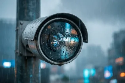 Beveiligingscamera met regendruppels op de lens, gemonteerd op metalen paal met wazige stadsverlichting op achtergrond