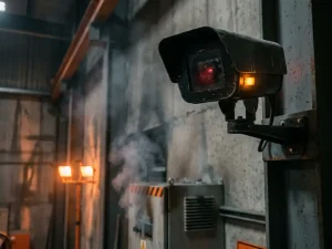 Zwarte beveiligingscamera met rode sensor detecteert grijze rook in industriële faciliteit met oranje noodverlichting
