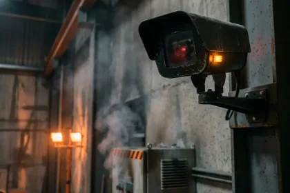 Zwarte beveiligingscamera met rode sensor detecteert grijze rook in industriële faciliteit met oranje noodverlichting