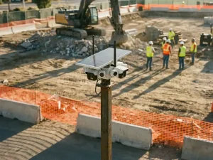 Professionele beveiligingscamera op stalen paal bewaakt actieve slooplocatie met oranje hekwerk en bouwvakkers in hesjes
