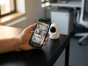 Hand houdt smartphone vast met live beveiligingscamera-feed op scherm, naast witte beveiligingscamera op zwart bureau