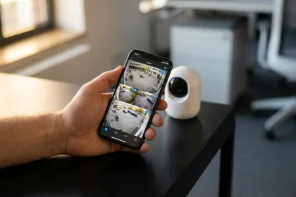 Hand houdt smartphone vast met live beveiligingscamera-feed op scherm, naast witte beveiligingscamera op zwart bureau