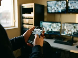 Smartphone toont live beveiligingscamera beelden in handen, professionele bewakingsapparatuur op achtergrond