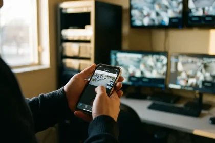 Smartphone toont live beveiligingscamera beelden in handen, professionele bewakingsapparatuur op achtergrond
