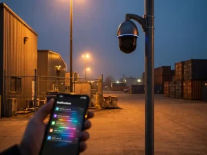 Beveiligingscamera op paal scant industrieel terrein bij schemering, smartphone toont meldingen op voorgrond