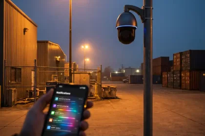 Beveiligingscamera op paal scant industrieel terrein bij schemering, smartphone toont meldingen op voorgrond