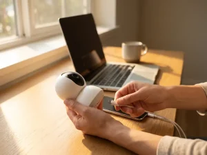 Handen verbinden witte beveiligingscamera met smartphone via USB-kabel op houten bureau naast laptop in zonlicht