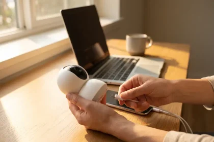 Handen verbinden witte beveiligingscamera met smartphone via USB-kabel op houten bureau naast laptop in zonlicht