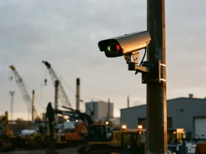 Professionele beveiligingscamera op hoge paal met rode LED-indicator op industriële bouwplaats tijdens gouden uur