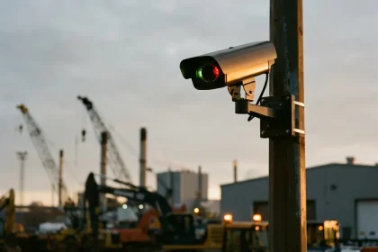 Professionele beveiligingscamera op hoge paal met rode LED-indicator op industriële bouwplaats tijdens gouden uur