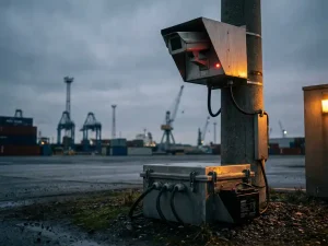 Beveiligingscamera op paal met rode opnamelampje en back-up batterijsysteem tijdens stroomuitval in industriële omgeving