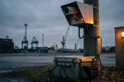 Beveiligingscamera op paal met rode opnamelampje en back-up batterijsysteem tijdens stroomuitval in industriële omgeving