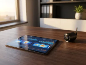 Tablet met kleurrijke beveiligingsanalyses en grafieken naast compacte beveilgingscamera op donker houten bureau