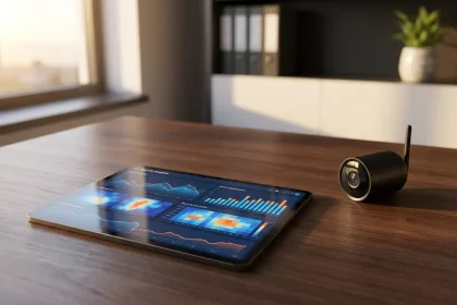 Tablet met kleurrijke beveiligingsanalyses en grafieken naast compacte beveilgingscamera op donker houten bureau