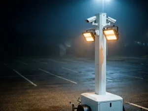 Mobiele beveiligingscamera met LED-verlichting verlicht donkere parkeerplaats 's nachts, witte surveillance-eenheid op asfalt
