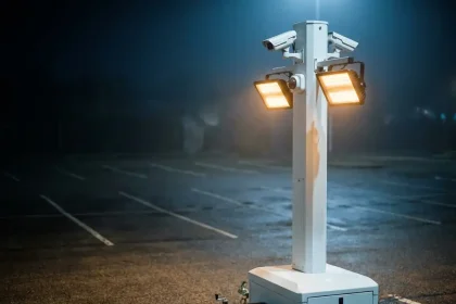 Mobiele beveiligingscamera met LED-verlichting verlicht donkere parkeerplaats 's nachts, witte surveillance-eenheid op asfalt