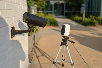 Zwarte beveiligingscamera op witte bakstenen muur naast witte mobiele bewakingseenheid op statief in moderne kantoorcourtyard