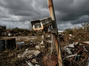Verweerde beveiligingscamera op roestige paal in verlaten industrieterrein met losse kabels en onkruid onder donkere wolken
