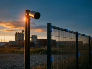 Beveiligingscamera op telescooppaal naast moderne omheining met sensoren bij zonsondergang, blauwe indicatorlampjes zichtbaar