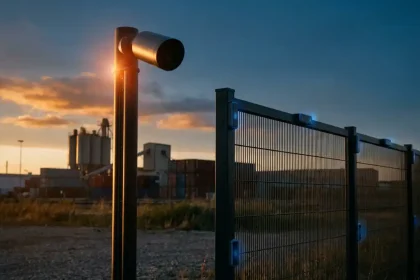 Beveiligingscamera op telescooppaal naast moderne omheining met sensoren bij zonsondergang, blauwe indicatorlampjes zichtbaar
