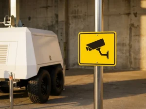 Geel waarschuwingsbord met beveiligingscamera pictogram naast witte mobiele bewakingseenheid op wielen