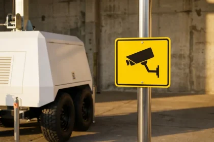 Geel waarschuwingsbord met beveiligingscamera pictogram naast witte mobiele bewakingseenheid op wielen
