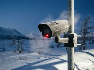 Winterbestendige beveiligingscamera op metalen paal met rijpkristallen en rode opnamelamp in besneeuwde omgeving
