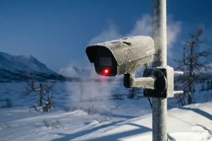 Winterbestendige beveiligingscamera op metalen paal met rijpkristallen en rode opnamelamp in besneeuwde omgeving