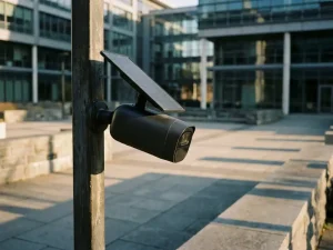 Zwarte beveiligingscamera met zonnepaneel op metalen paal in zonnige binnenplaats met moderne kantoorgebouwen
