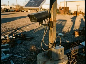 Zwarte beveiligingscamera met zonnepaneel op verweerde metalen paal in industriële omgeving met gouden uurtje verlichting