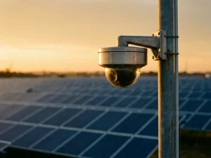 Beveiligingscamera op metalen paal bewaakt rijen zonnepanelen onder gouden zonsondergang