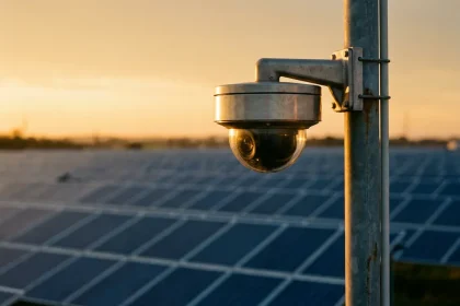 Beveiligingscamera op metalen paal bewaakt rijen zonnepanelen onder gouden zonsondergang