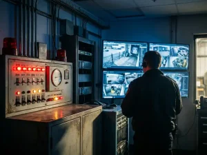 Beveiligingscontrolekamer met traditioneel alarmpaneel en moderne cameramonitoren, beveiligingsoperator bewaakt live beelden